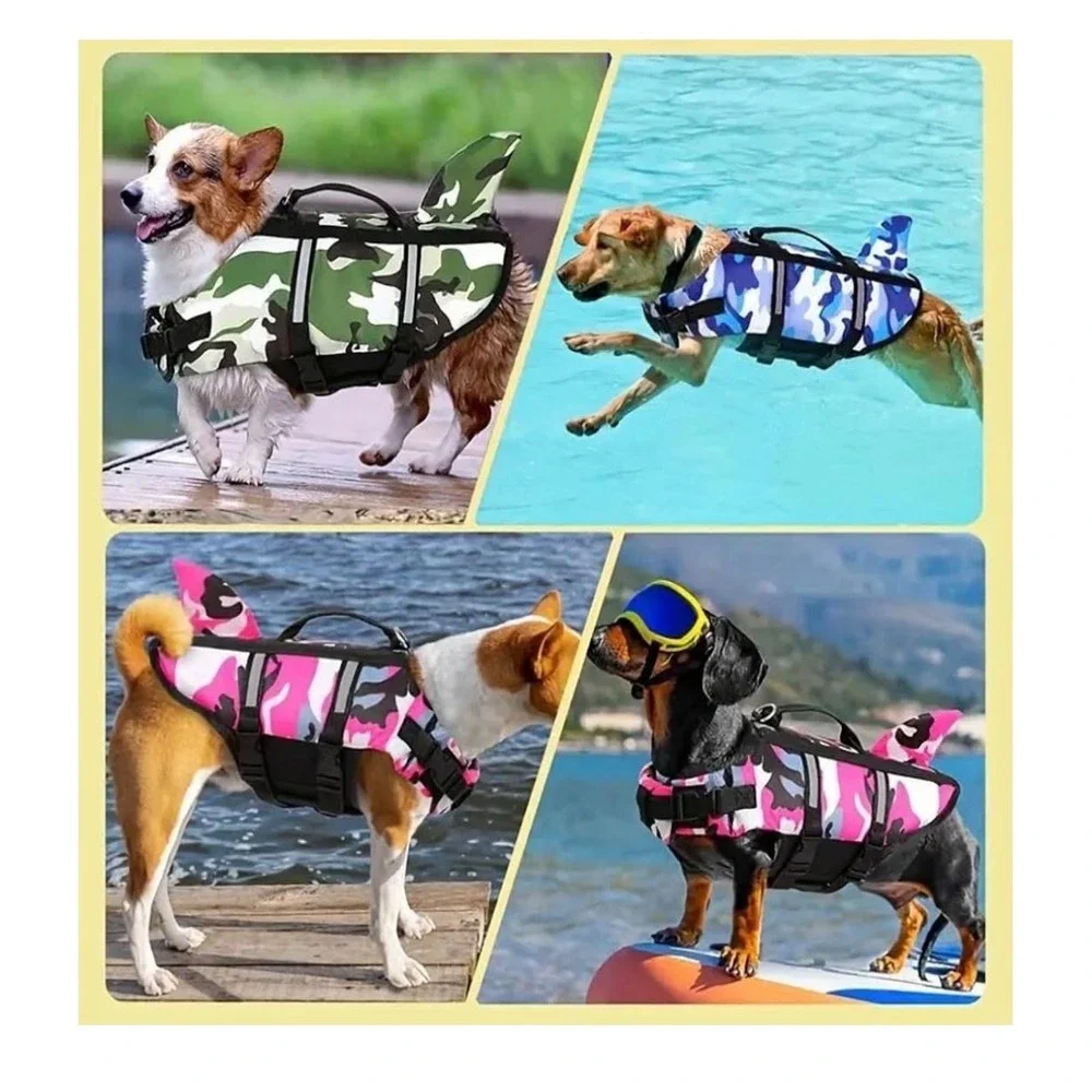 Green Camo Shark Fin Dog Life Jacket Small Reflective Pet Safety Vest Handle